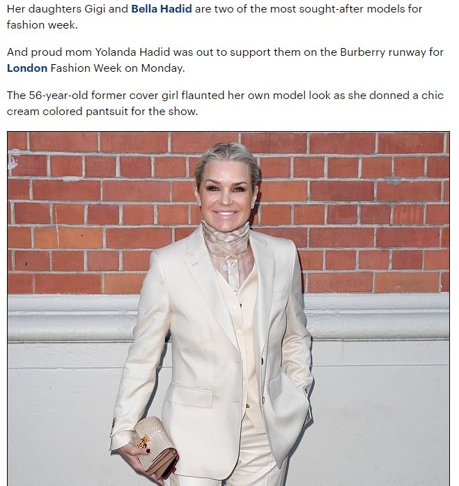 Yolanda Hadid stuns in a chic cream colored pantsuit to support daughters Gigi and Bella on the Burberry runway