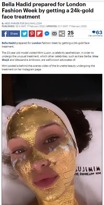 Bella Hadid prepared for London Fashion Week by getting a 24k-gold face treatment